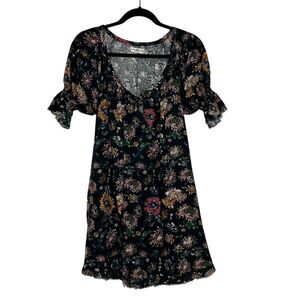 Natural Life A Line‎ Mini Dress Size XS/X Black Foral Puff Sleeves Cottagecore